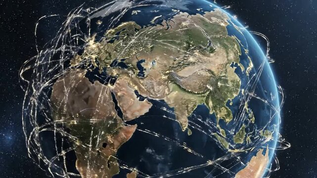 Global connectivity network: digital data flow and international logistics routes over earth planet