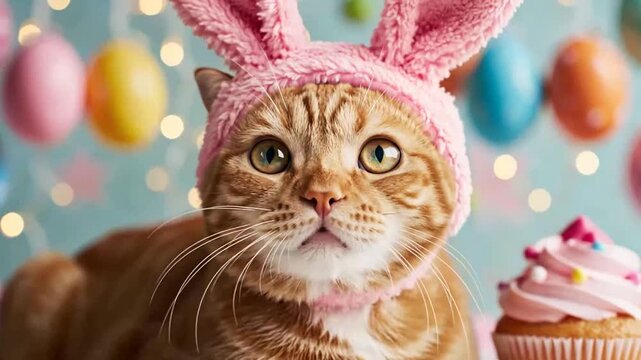 A cat wearing pink bunny ears sits beside a cupcake on a festive table.