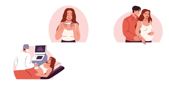 Pregnancy and childbirth. Motion Scene Set with Happy pregnant woman takes pregnancy test, visits doctor with husband, and holds newborn baby. Flat graphic animated cartoon
