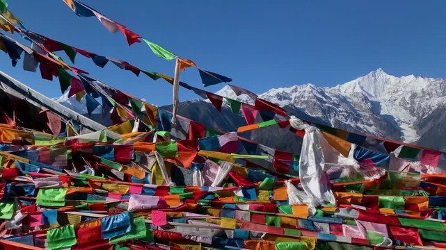 Buddhist Prayer Flags and Mountain Shrine in the Himalayas