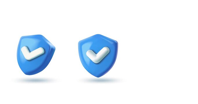 3D shield icons with check mark. Motion graphics elements and signs representing protection, security, approval and safety. Insurance symbol. Plasticine style graphic animated cartoon