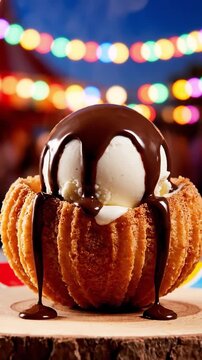 Ice Cream Scoop Inside A Cinnamon Churro Bowl In Closeup With Chocolate Drizzle And Crispy Dough Container Ready To Serve