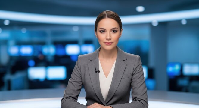 portrait of a confident female news anchor wearing a grey blazer sitting at a desk in a television broadcasting studio background, representing journalism and media reporting