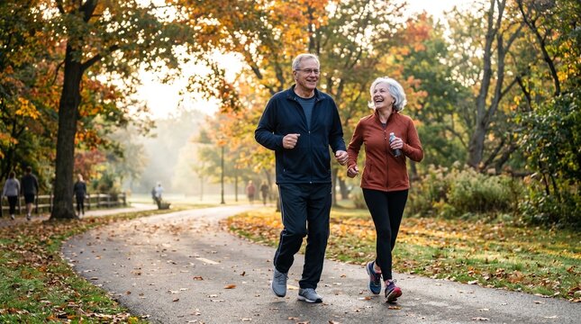 Active senior couple enjoys a healthy jog together in a park during autumn with colorful foliage and warm sunlight