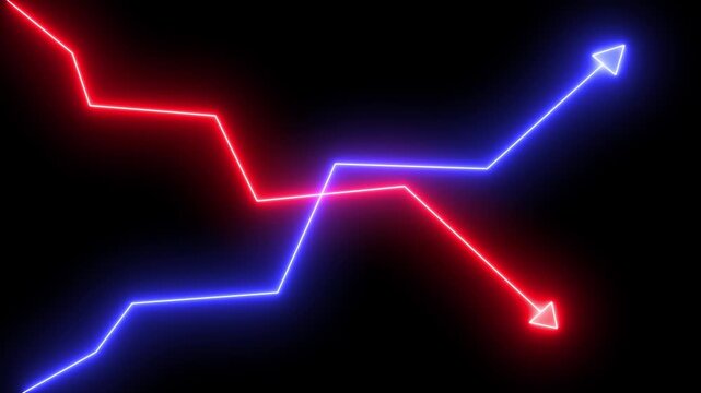 Neon line business graph icon animated. Indicates business profit or loss. Glowing neon arrow chart show high revenue, growth earning business success report concept and decline, loss, negative trends