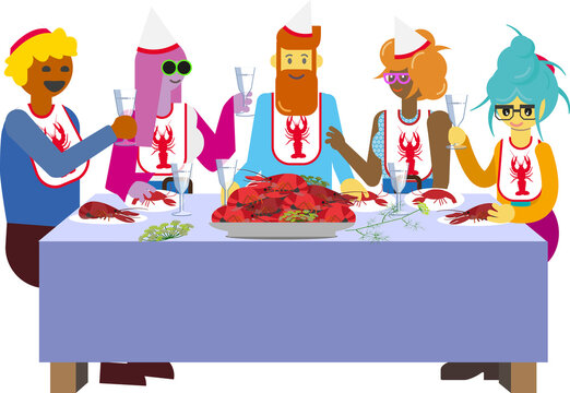 Crayfish party, a swedish August tradition. Moon lantern and colorful light bulb decoration.