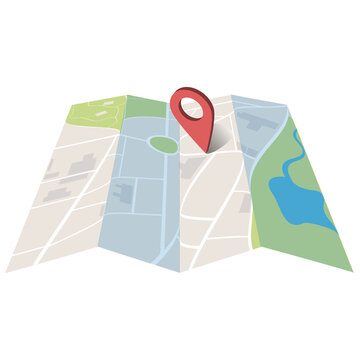 Folded city map with red pin pointer, vector illustraition