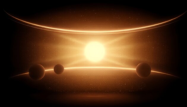 The sun emits a warm glow in the center of a solar system with multiple planets orbiting around it