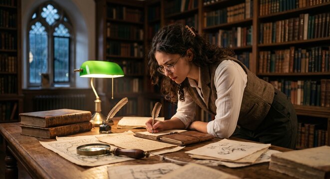 Young woman writing in old book at desk in vintage library study room