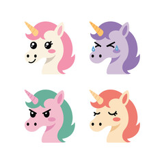Fototapeta premium Unicorn Portrait Faces With Emotions, Fantasy Characters, Colorful Cute Aesthetic, Sticker Pack Icon Set, Flat Vector Icons, Clipart Collection