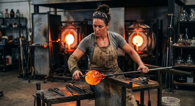 Female glassblower shaping molten glass on a blowpipe inside a workshop studio
