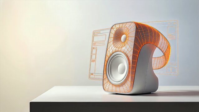 Augmented Reality Industrial Design Concept with Neon Orange Vector Wireframe Overlaid on Matte White Product Model and Copy Space