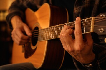 Fototapeta premium Person playing acoustic guitar in warm interior setting