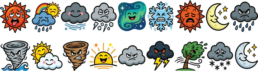 Naklejka premium Cute Cartoon Weather Forecast Icon Set with Emotional Sun Aurora Snowflake Tornado Storm Clouds and Severe Climate Mascot Elements