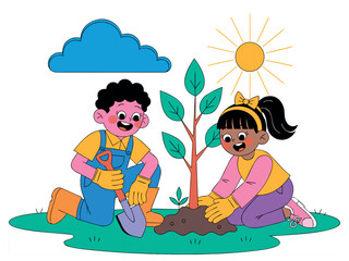 Naklejka premium Happy Boy and Girl Planting a Young Tree Together with Garden Tools, Environmental Education, Teamwork and Earth Day Activity Illustration