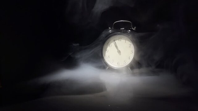 Slow motion vintage alarm clock in dramatic swirling smoke on black background. Time deadline, urgency and countdown concept video.