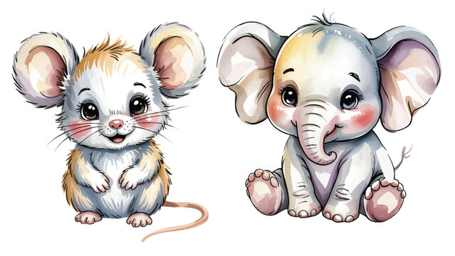 Cute Watercolor Baby Mouse and Baby Elephant Cartoon Clipart Set Isolated for Nursery, PNG and Kids Design