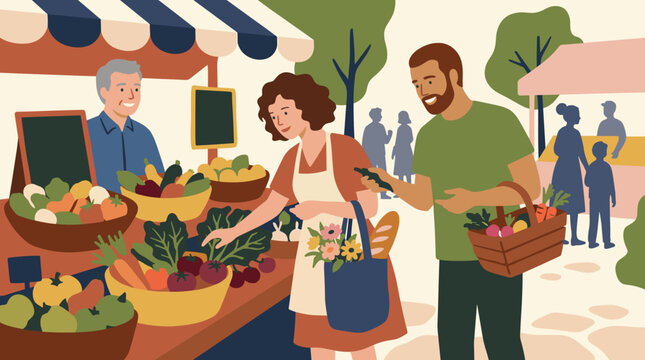 Couple choosing fresh produce at outdoor market with vendor