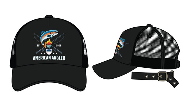 Black baseball cap with fishing themed logo and adjustable mesh back hat
