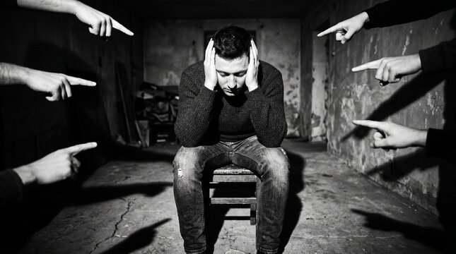 Man sitting on chair with hands on head surrounded by pointing hands in dark room with concrete walls and floor