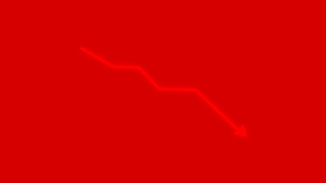 Glowing red neon downward graph with arrow indicating decline, loss, and negative trends on a dark, abstract background, perfect for conveying risk, crisis animation. 4k