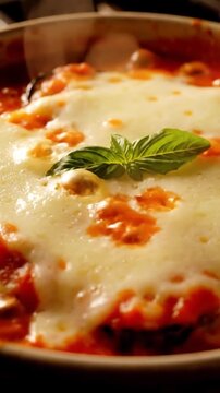 Cinematic View Of Layered Eggplant Parmesan In Closeup With Marinara Sauce Melted Mozzarella And Basil Leaf Bubbling Edges Ready To Serve