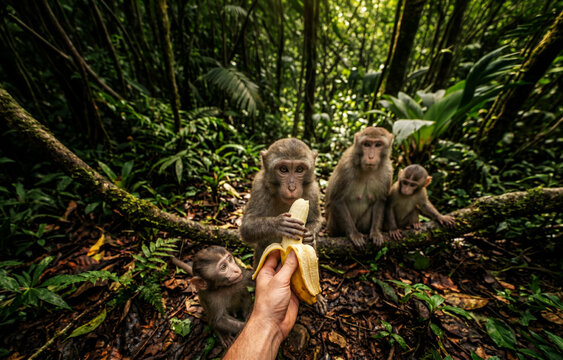 Feeding banana to wild macaque family in tropical jungle