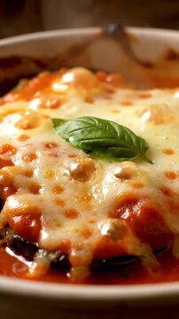 Detailed Close Up Of Layered Eggplant Parmesan In Closeup With Marinara Sauce Melted Mozzarella And Basil Leaf Bubbling Edges Ready To Serve