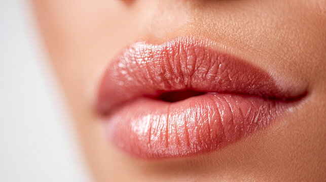 Closeup of glossy lips with nude shine makeup beauty