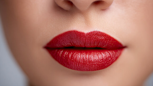 Closeup of glossy red lips with bold beauty makeup look