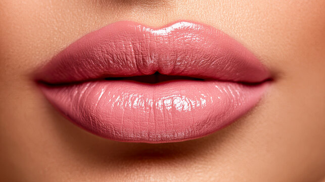 Close up of glossy pink lips with beauty makeup look