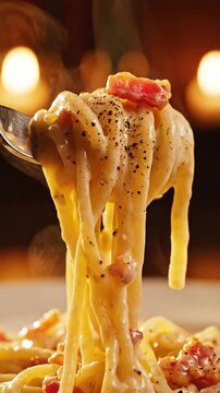 Premium Shot Of Macro 360 Degree Rotating View Of Creamy Carbonara Pasta Swirling On A Fork With Pancetta Bits And Black Pepper Dusting