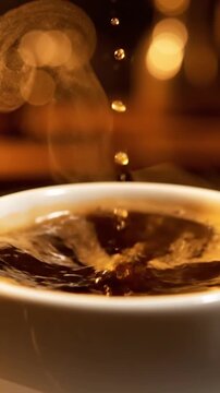 Macro Closeup Animation Of A Coffee Drop Falling Into A Cup Creating Ripples Cafe Advertisement