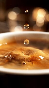 Detailed Close Up Of Macro Closeup Animation Of A Coffee Drop Falling Into A Cup Creating Ripples Cafe Advertisement