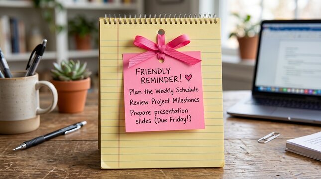 A friendly reminder on a yellow notepad with a pink bow on a wooden desk with office supplies and a laptop in the background for planning and organization