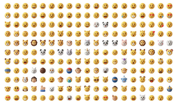 Large Collection of Yellow Emoji Faces and Animal Icons for Social Media Messaging and Digital Communication Design Assets