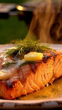 Detailed Close Up Of Macro Closeup Of Grilled Salmon Fillet With Distinct Grill Marks Lemon Butter Sauce Glazing Over Surface And Fresh Dill Garnish