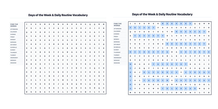 Days of the Week Word Search Puzzle for Kids &ndash; Learn Time Words on White Background with Answers