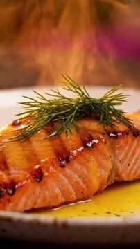Premium Shot Of Macro Closeup Of Grilled Salmon Fillet With Distinct Grill Marks Lemon Butter Sauce Glazing Over Surface And Fresh Dill Garnish