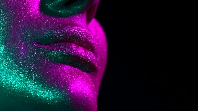 Fashion model woman kiss lips in bright sparkles, colorful neon lights, slow motion. Vivid glittering skin. Creative make up, closeup, air kiss