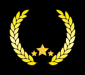 Golden laurel wreath with three stars on black background, Achievement and victory emblem with blank copy space, Premium quality award decoration element in vector style © Sandra