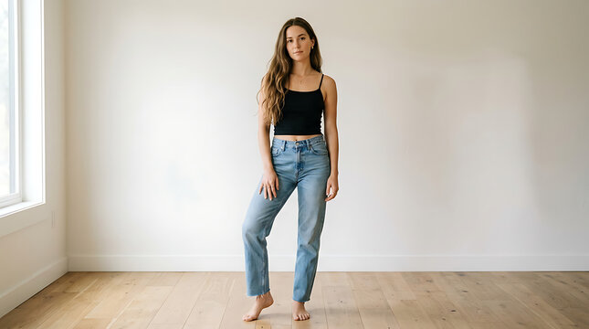 Young woman standing in empty bright room wearing black tank top and blue jeans