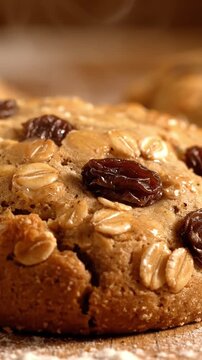 Premium Shot Of Chewy Oatmeal Raisin Cookie With Textured Oats Plump Raisin And Golden Edge Ready To Serve