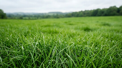 Fototapeta premium Lush Green Grass Field in Rural Countryside Landscape Under Cloudy Overcast Sky