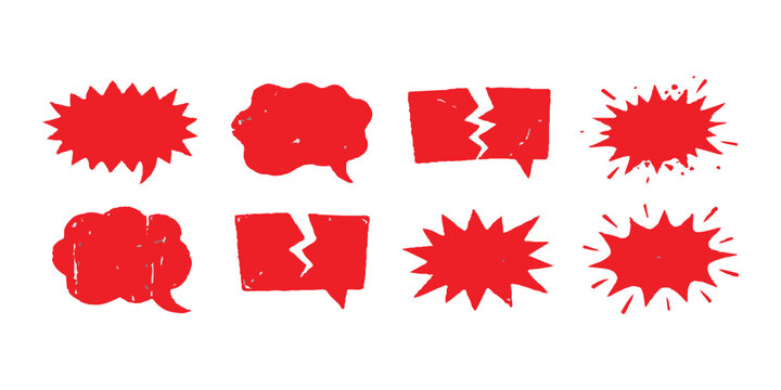 Set of red speech bubbles and comic book explosion shapes