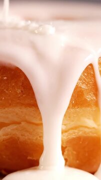 Detailed Close Up Of Glazed Donut With Sugar Glaze Dripping And Fluffy Dough Texture