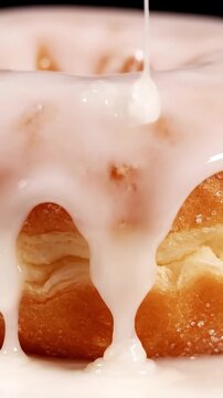 Premium Shot Of Glazed Donut With Sugar Glaze Dripping And Fluffy Dough Texture