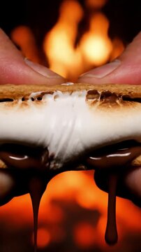 Macro Shot Of A S'mores Sandwich With Toasted Marshmallow Squishing Melted Chocolate And Graham Cracker Ready To Serve