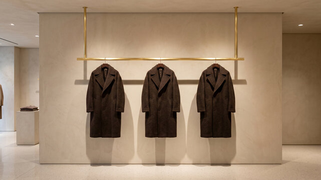 Three Elegant Luxury Wool Long Coats Hanging on Brass Gold Rack Inside Minimalist Boutique