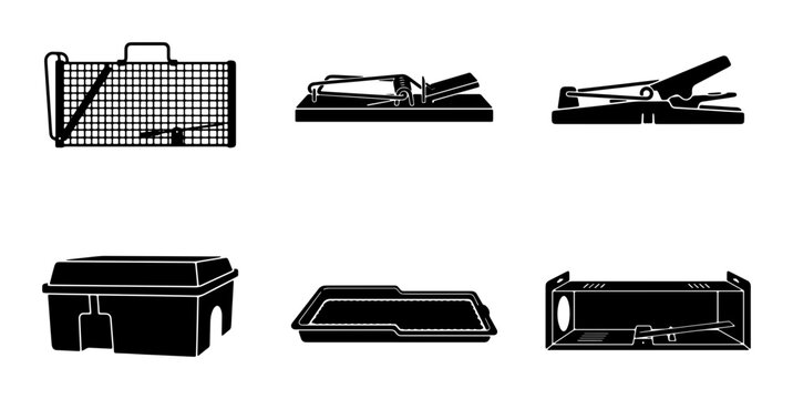Pest Control Traps Collection, Rodent Capture Devices, Humane and Lethal Mouse and Rat Traps, Vector Icons Set